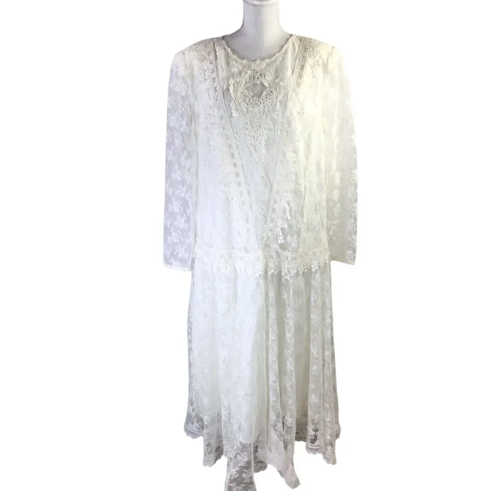 Jessica McClintock Bridal Dress Gown Vintage Lace Drop Waist Size 18W Plus Ivory